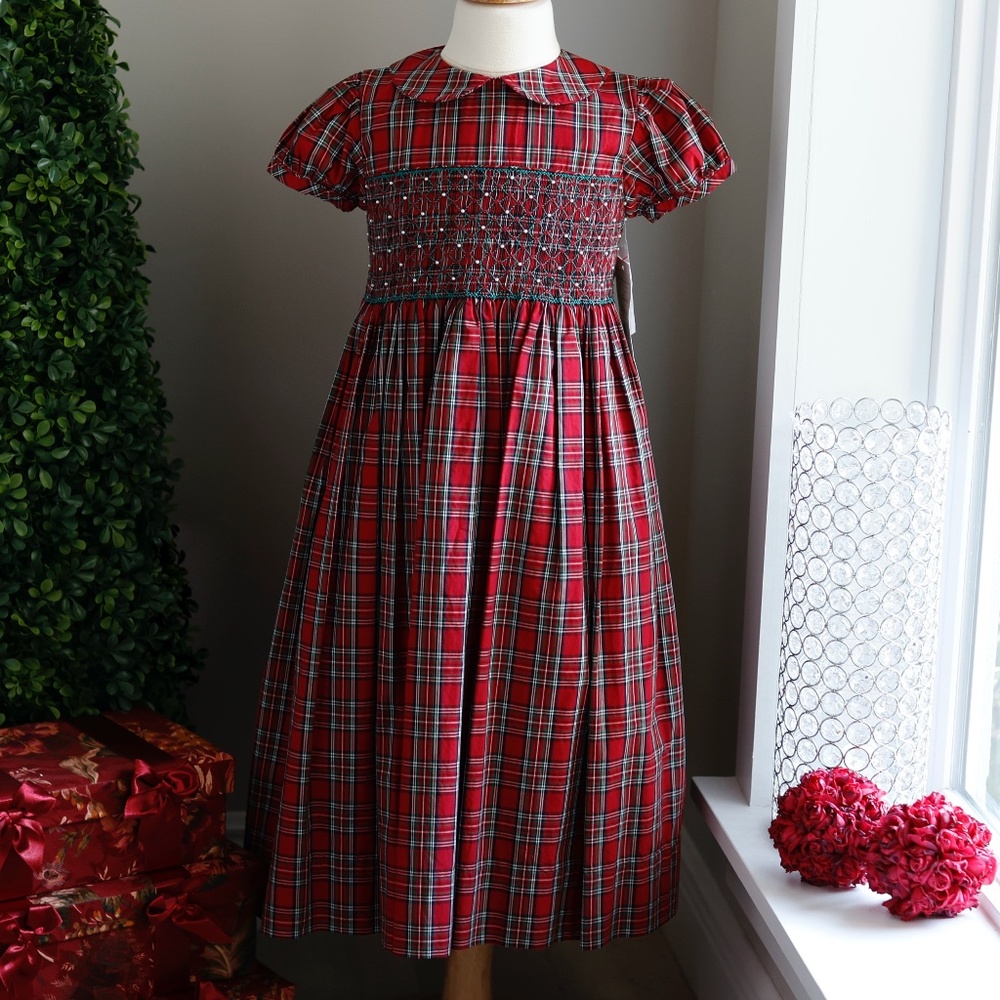 Strasburg Dress Tartan Plaid Short Sleeve Smocked Girl Size 6 Seasonal Party NWT